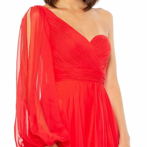 NWT Mac Duggal SZ O 67810 FLOWY ONE SLEEVE SHOULDER CHIFFON GOWN RED - Picture 2 of 9